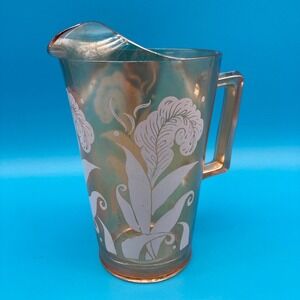 Vintage Jeannette Gold Carnival Glass Ostrich Plume Pitcher Mid-Century